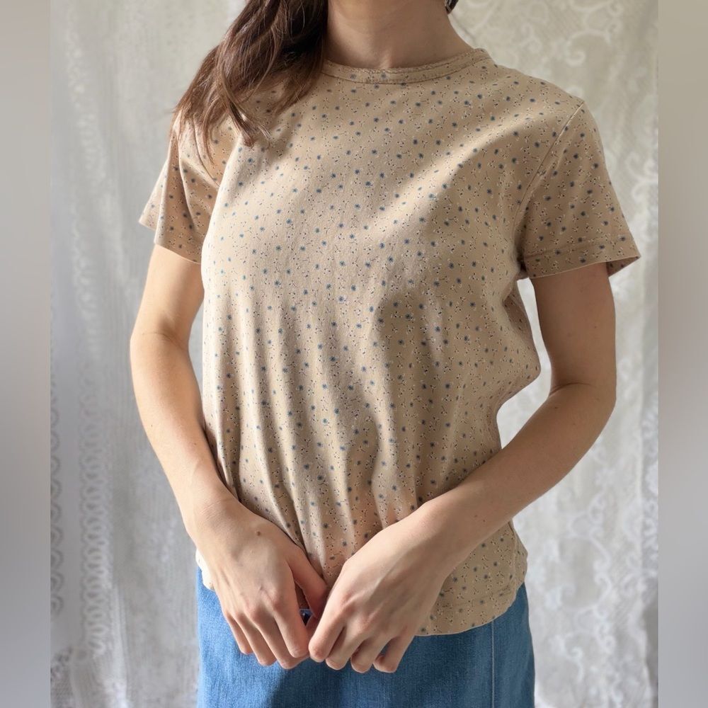 Vintage 90s Cream Blue Floral Baby Tee Soft Fitted Cotton Top - Picture 3 of 10